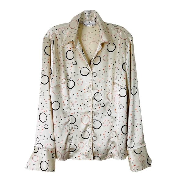 Dress Barn Tops - Vintage cream brown black orange satin retro 70s button front top medium